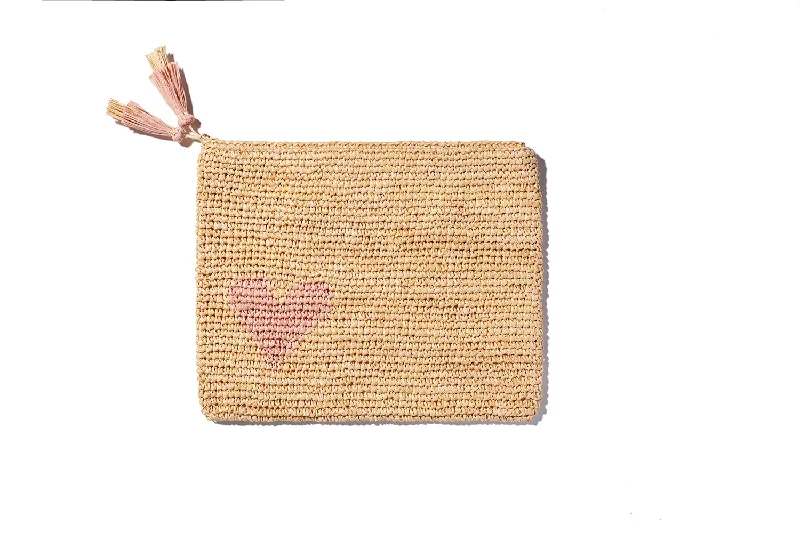 Heart Raffia Zip-Pouch, Pink