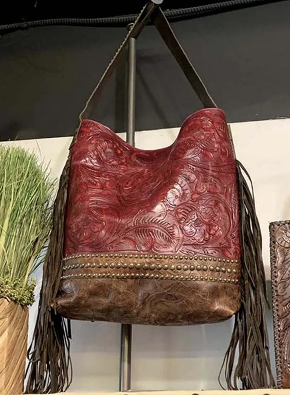 Juan Antonio Tooled Maroon and Brown Shoulder Bag