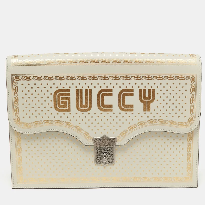 Gucci Off White Leather Guccy Portfolio Clutch