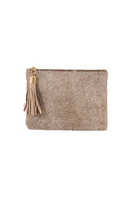 Shaker Hair on Hide Caramel Tassel Clutch