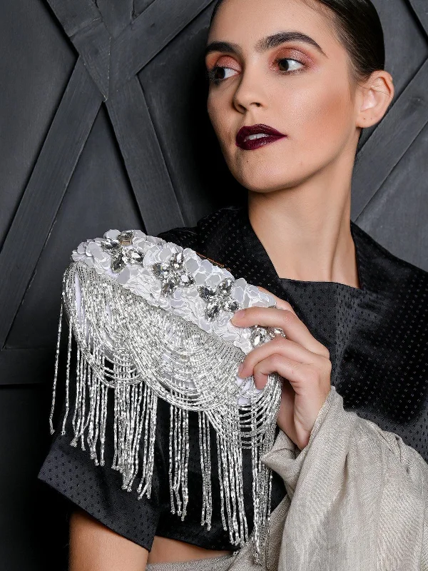 Odette Women Silver White Rhinestone Clutch