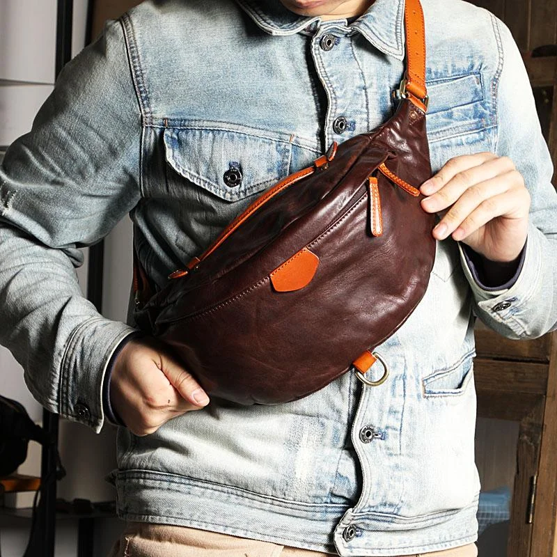 Coffee Leather Men Fanny Pack Waist Bag Coffee Hip Pack Leather Belt Bag Bumbag for Men