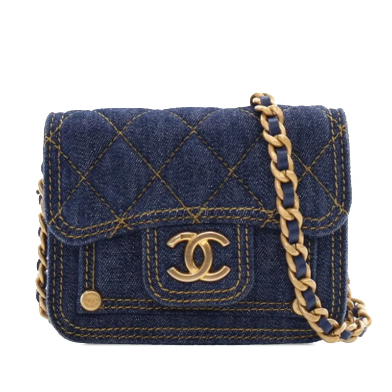 Blue Chanel Mini Quilted Denim CC Double You Card Holder with Chain Crossbody Bag