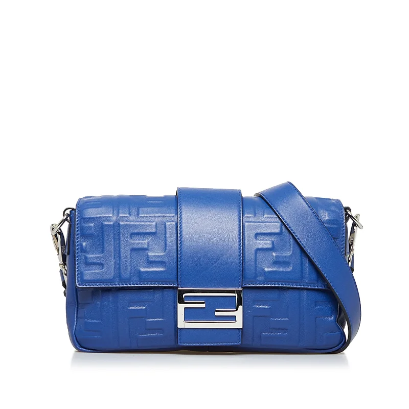 Blue Fendi FF Embossed Baguette Satchel