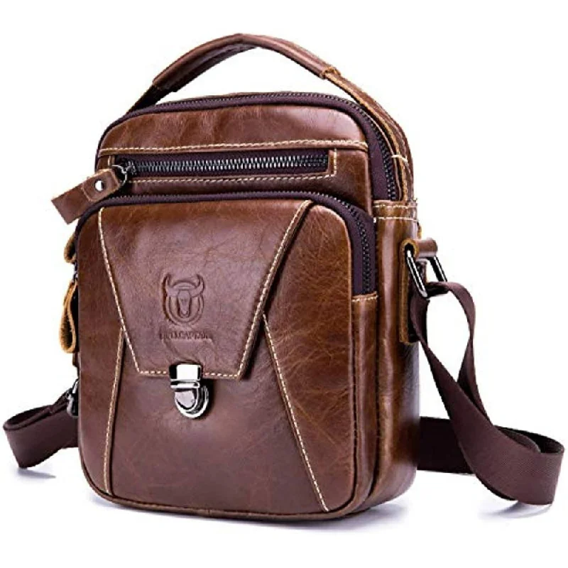 BULLCAPTAIN Mens Leather Small Messenger Bag Retro Shoulder Bag Travel Handbag