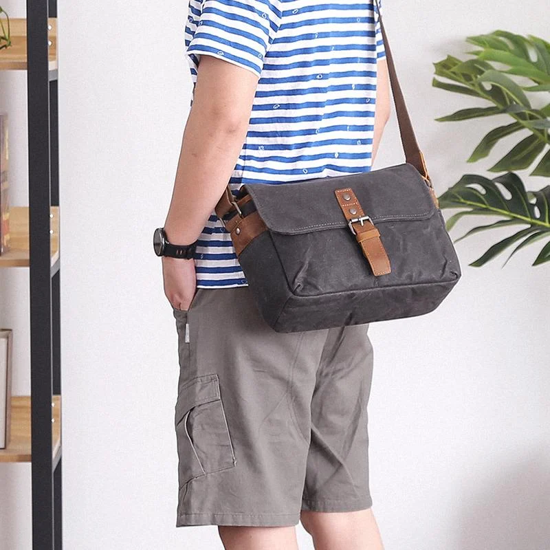 Canvas Leather Mens DSLR Camera Bag Side Bag Green Small Messenger Bag for Men