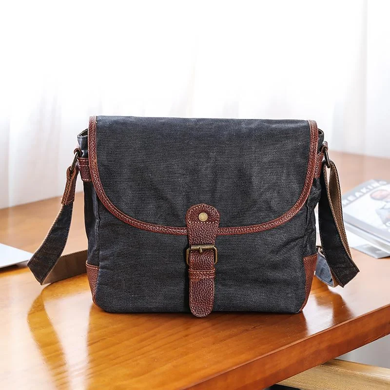 Canvas Mens Small Side Bag 10'' Courier Bag Black Postman Bag Messenger Bag for Men