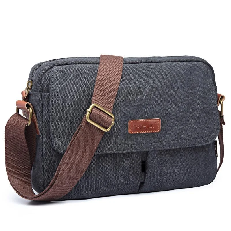 Cool Canvas Leather Mens Small Black Tablet Bag Shoulder Bag Gray Side Bag Messenger Bag for Men