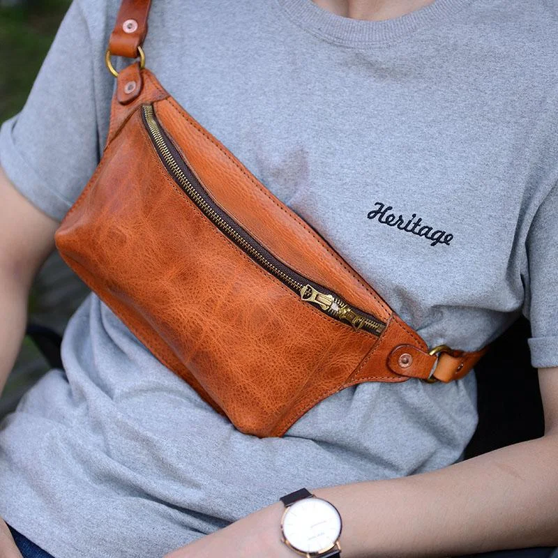 Cool Light Brown Leather Men Chest Bag Waist Bag Tan Fanny Pack Hip Bag Bum Pack For Men