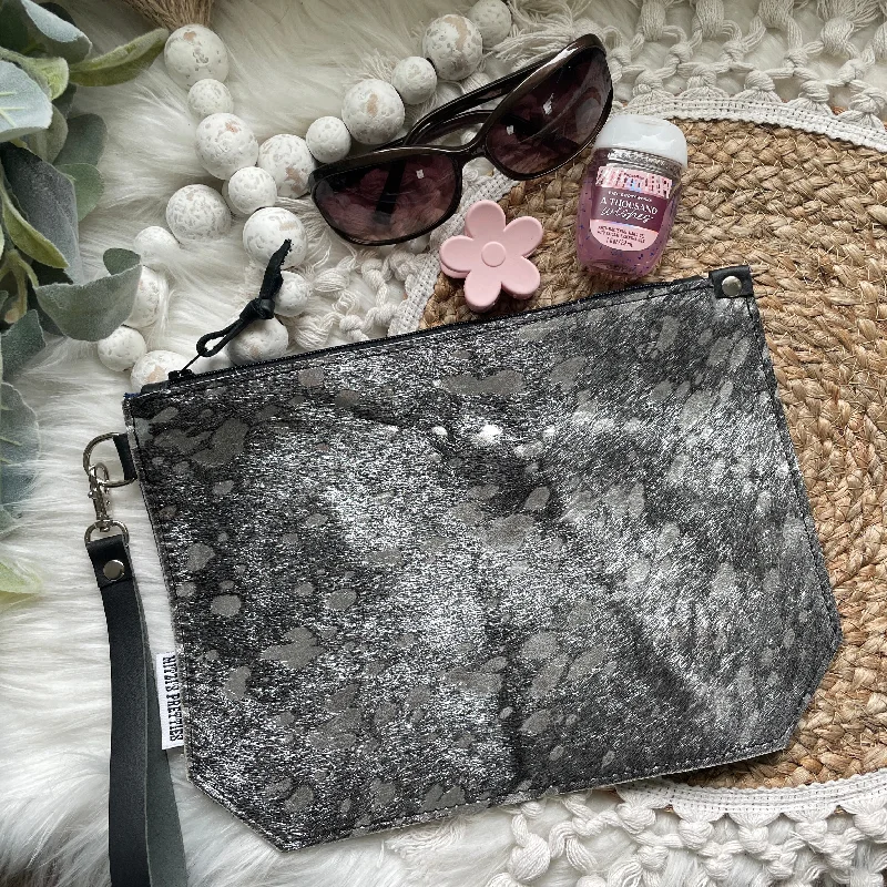 SHIPS TODAY Black Silver Glam Cowhide Leather Wristlet