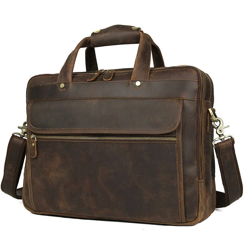 Crazy Horse Leather Briefcase High-Quality Leather Messenger Bags Men's Large Travel Shoulder Bag