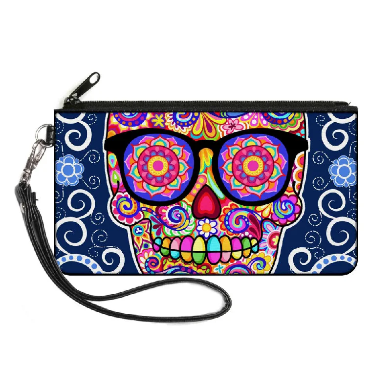 Canvas Zipper Wallet - LARGE - Hipster Calavera C U Blue White Multi Color