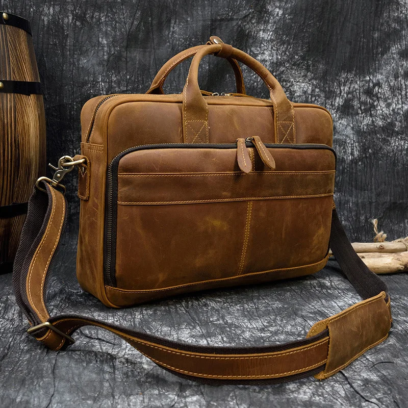 Full Grain Leather Briefcase, Mens Retro Leather Handmade Laptop Bag, Messenger Bag