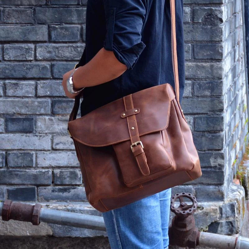 Handmade Leather Mens Cool Small Messenger Bag iPad Bag Chest Bag Bike Bag Cycling Bag for men