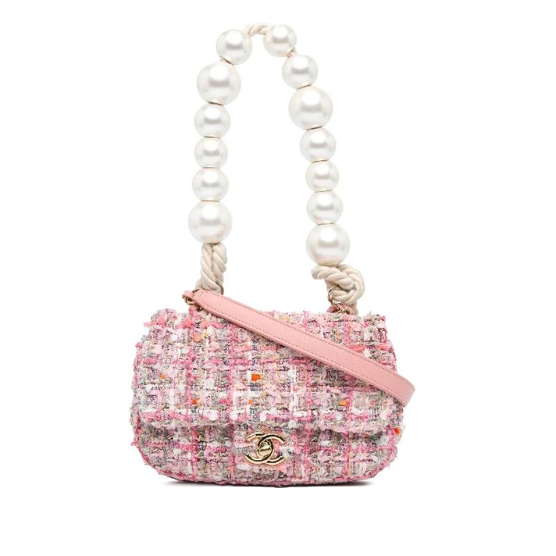 Pink Chanel Mini Tweed Pearl Handle Flap Satchel