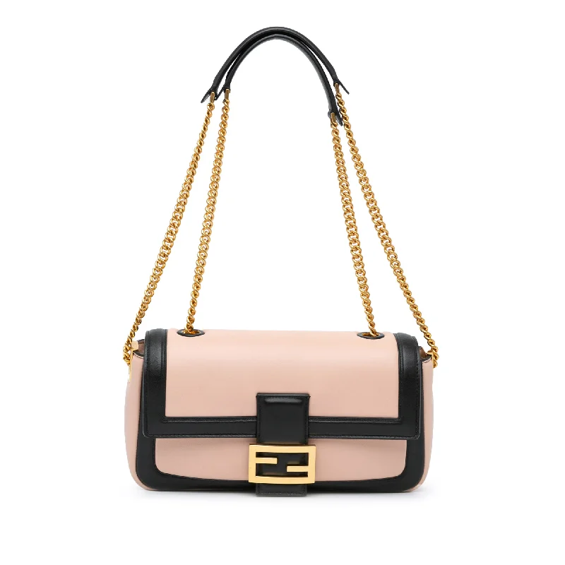 Pink Fendi Bicolor Leather Chain Midi Baguette Shoulder Bag