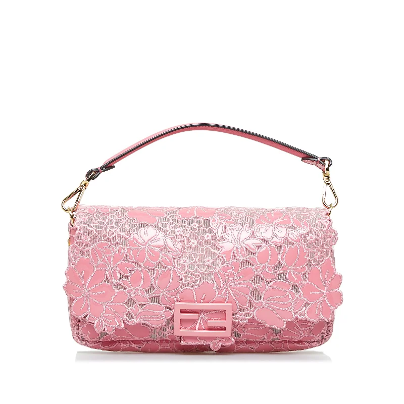 Pink Fendi Embroidered Lace Baguette Satchel