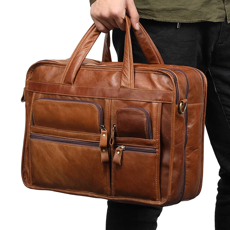 ROCKCOW Handmade Full  Grain Leather Briefcase Men's Large Travel  Shoulder Messenger Bag Handbags