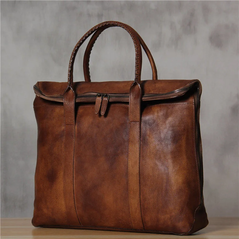 Vintage Brown Distressed Leather Briefcase for Men