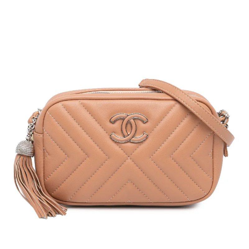 Tan Chanel Mini CC Diagonal Chevron Camera Case Crossbody Bag