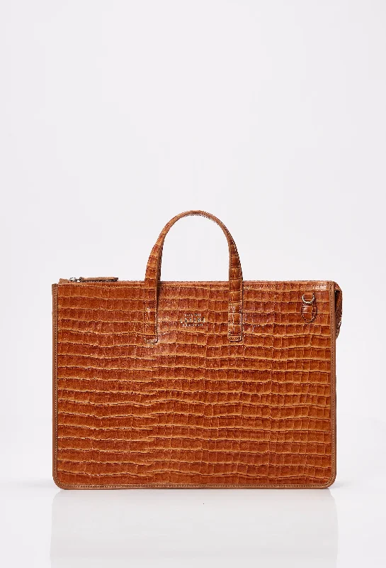 Tan Croco Leather Slim Briefcase