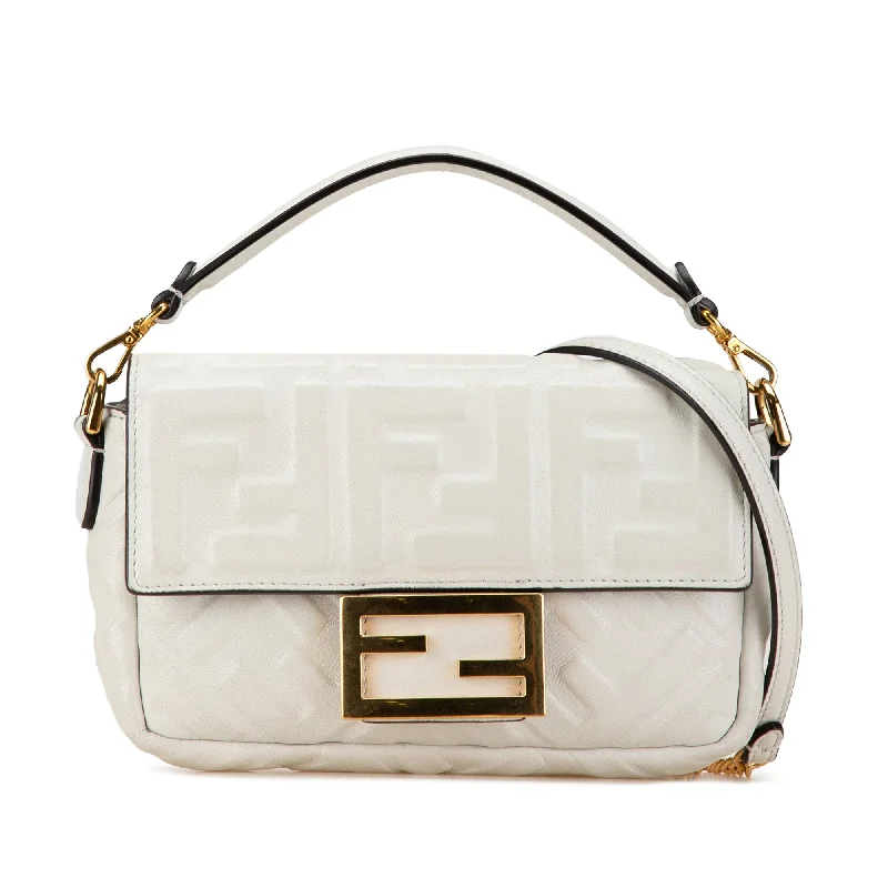 White Fendi Mini Zucca Embossed Leather Baguette Satchel