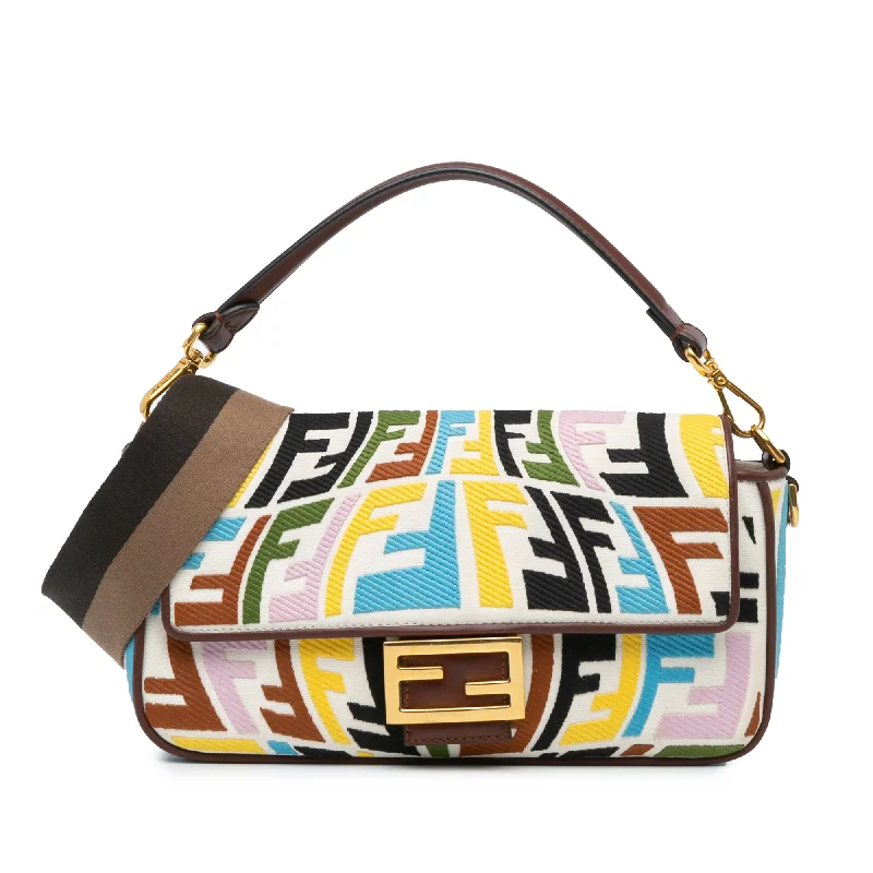 White Fendi Sara Coleman Vitello King Seta FF Canvas Fish Eye Embroidered Baguette Satchel