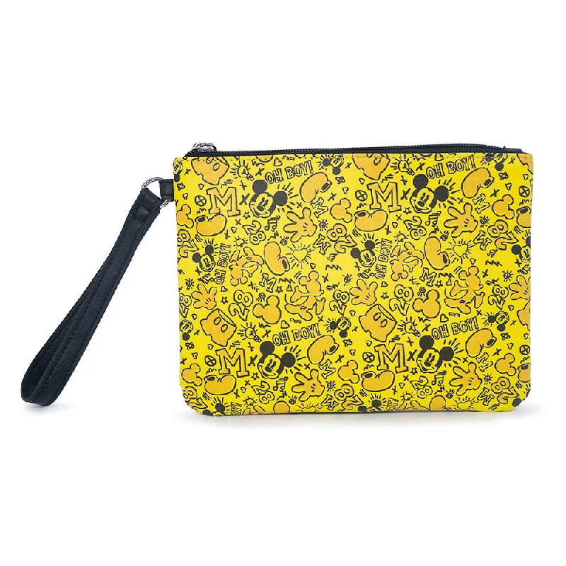 Wallet Single Pocket Wristlet - Mickey Mouse Icon Doodles All Over Yellows Black