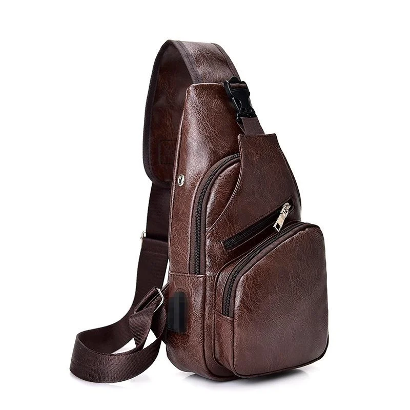 Leather Backpack - Leather Chest Bag with USB Charging