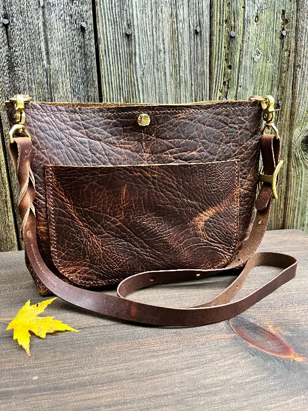 Evolet Large Crossbody in Woodstock Distressed Bison with adjustable Horween Conway Strap